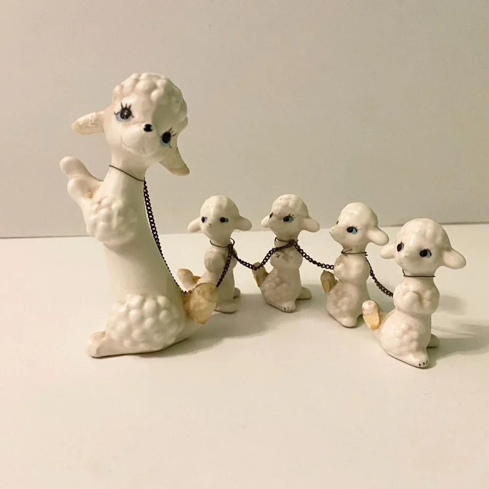 Vintage Poodle Dog Family 4 Pups  On Chains Figurine Missing Hair